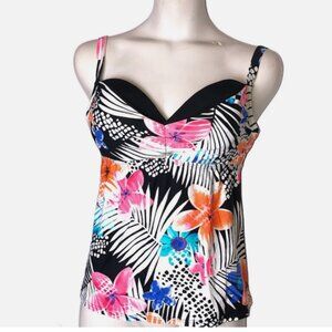 Coco Reef Tankini Top Bra Size 32/34 DD Black Aqua Pink Floral Adj. Straps
